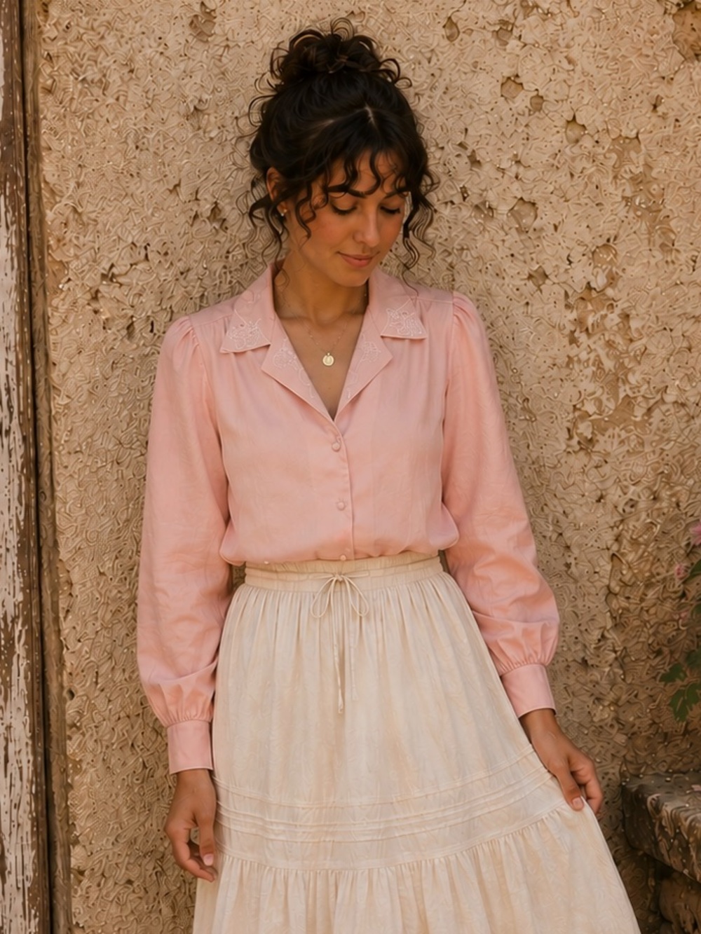 Vintage Pink Embroidered Collar Button Down Shirt Blouse Women’s Medium